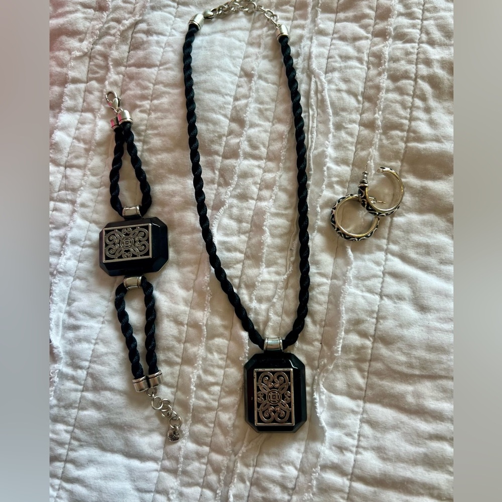 Vintage Brighton Black Cord Pendant Necklace Bracelet & Hoop Earrings Set/Bundle